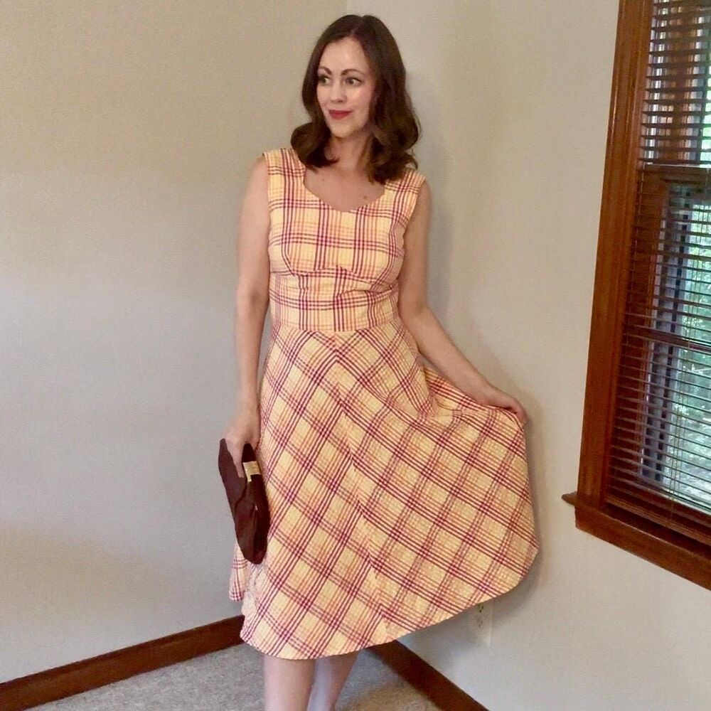 Vintage 60s Handmade Yellow & Orange Cotton Seersucker Plaid Gingham Dress